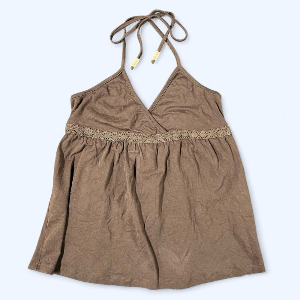 Y2k Babydoll Halter Top Brown XL Beaded Accent Boho 2000s Sleeveless Fairy